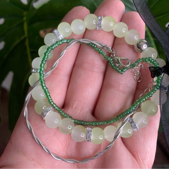 Green & Silver Glass Beaded Mix Heart Bracelet Stack Set of 3 Bundle | Gift - Picture 4 of 4